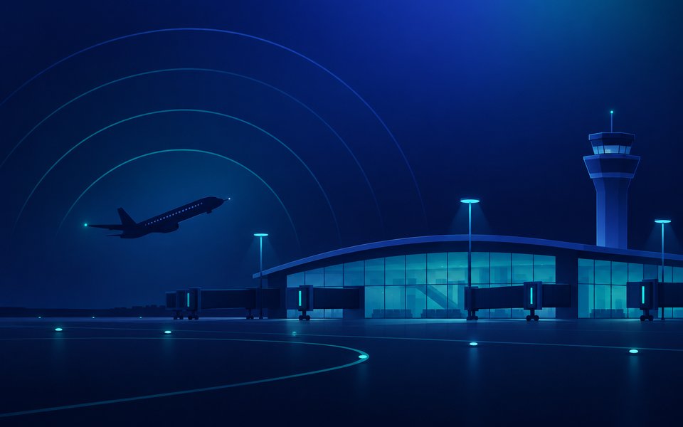Airport terminal at night with wireless coverage across the apron and gates