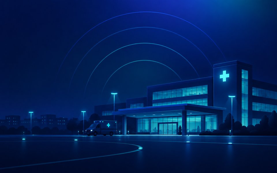 Hospital at night with wireless coverage across the building and approach