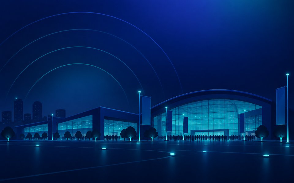 Exhibition halls at night with crowds queuing and wireless coverage overhead